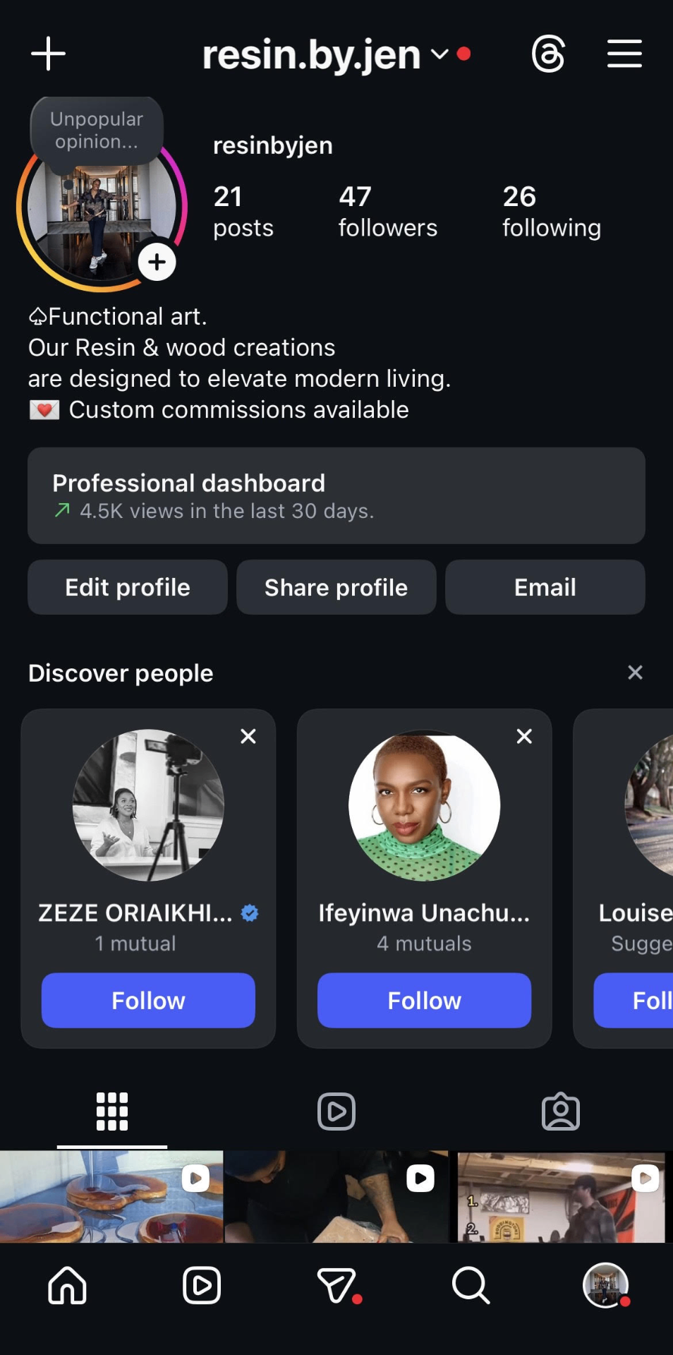Instagram profile — curated grid, professional dashboard, and 4.5K monthly views driving DMs and commissions.