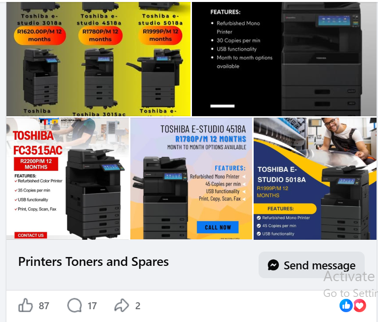 Monthly product posts — branded templates for the Toshiba e-Studio range with price-per-month and feature lists.