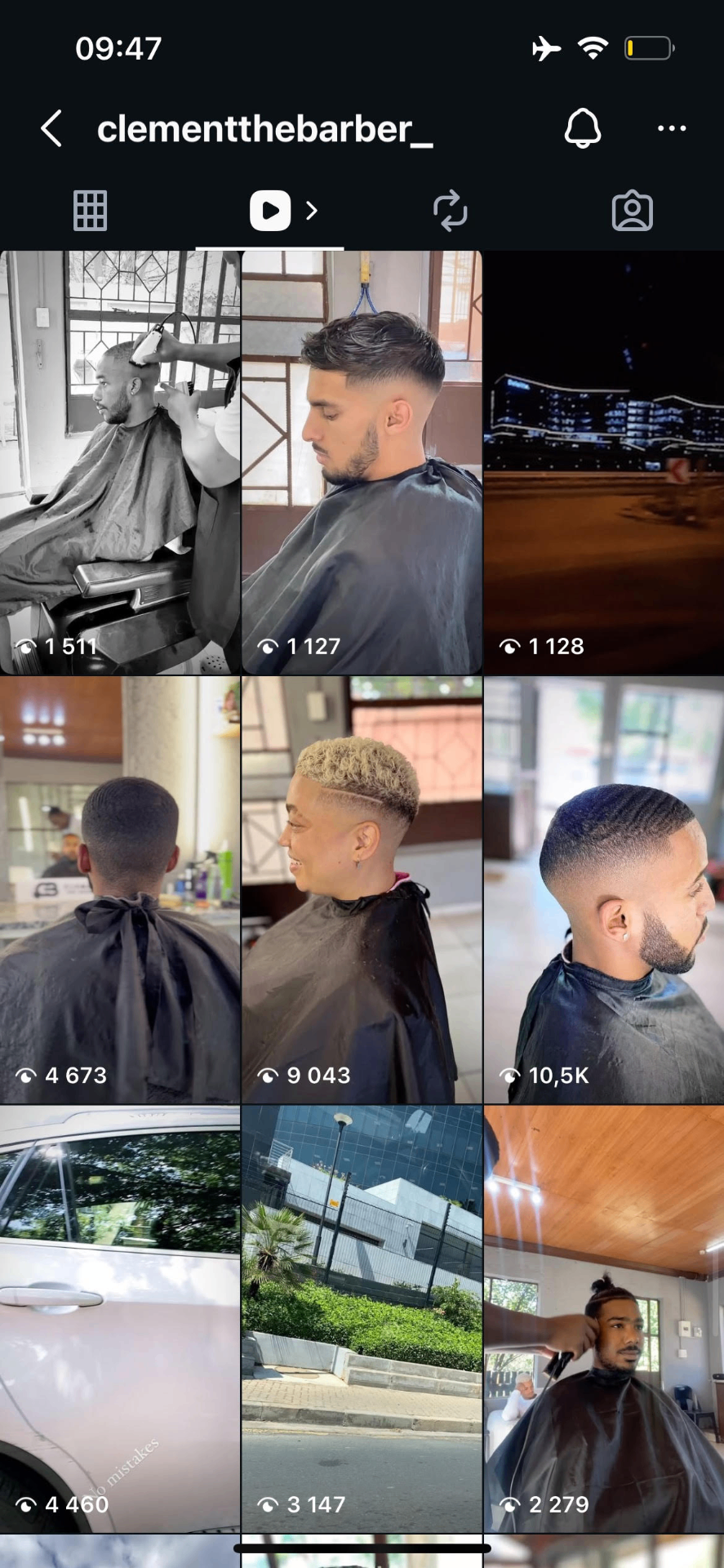 @clementthebarber_ Reels grid — chair-side cuts averaging 1K–10K views, turning the feed into a live portfolio and booking driver.