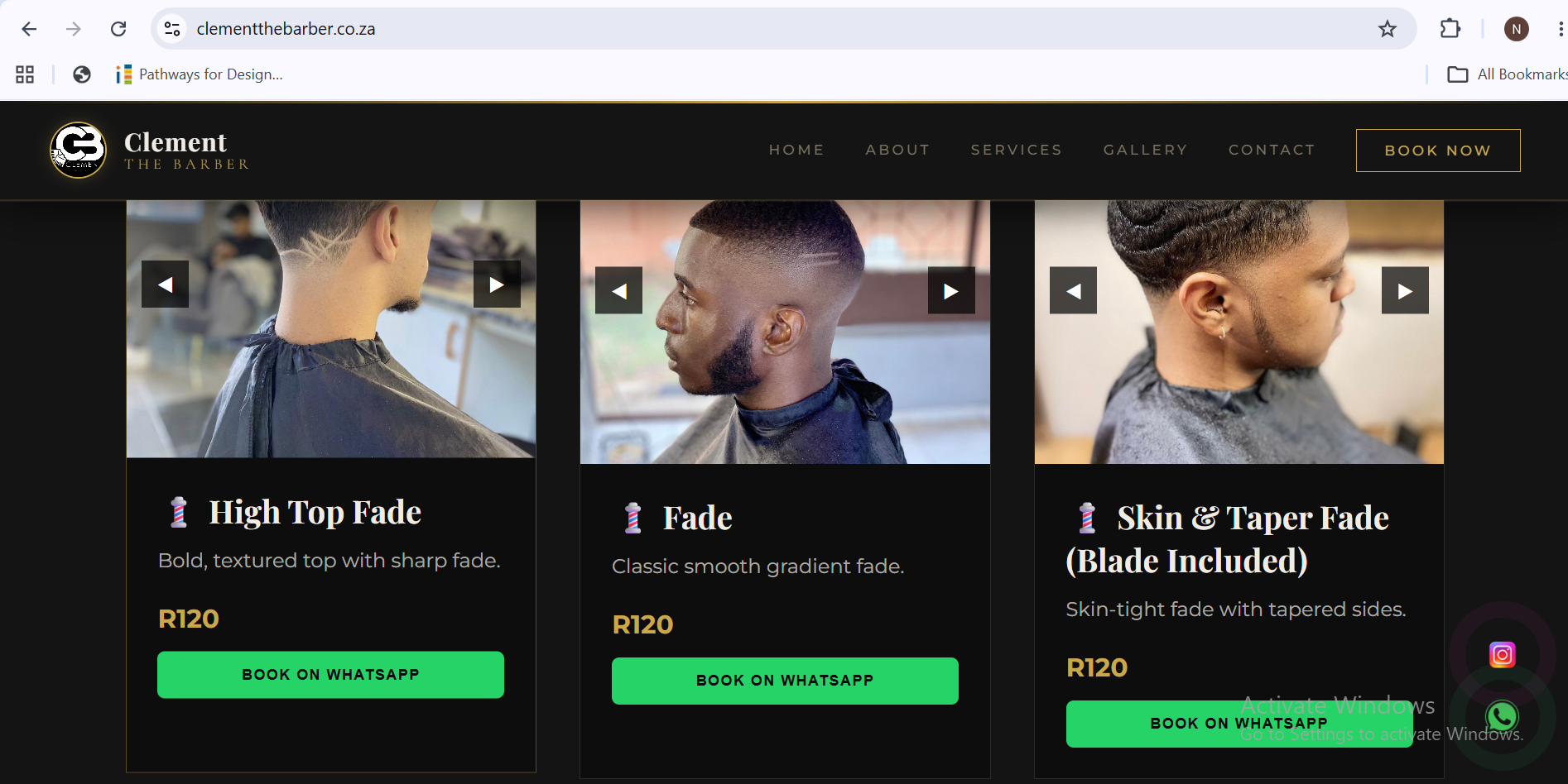 Website design — a clean, dark-themed site with service cards, WhatsApp booking CTAs, and video-led showcases for each cut style.