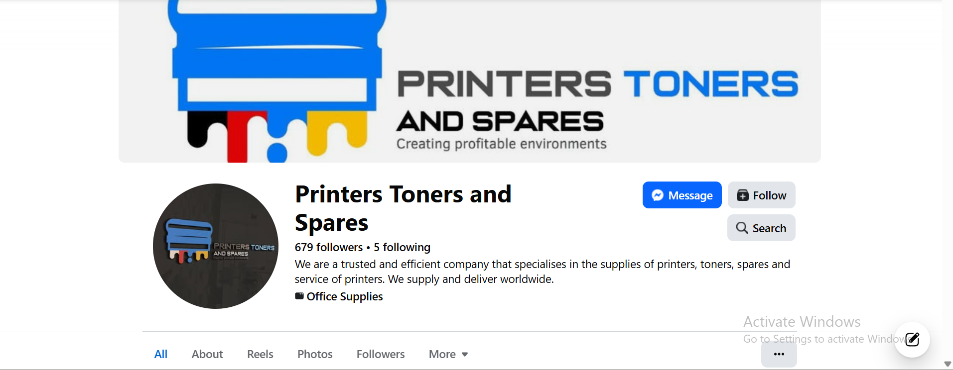 Facebook page setup — cover artwork, brand mark, positioning copy, and a Messenger-first contact funnel.